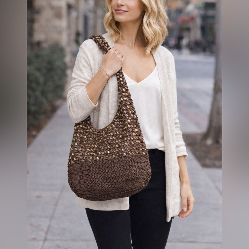 Murval Paris Brown Sequin Crochet Shoulder Bag Slouchy Boho